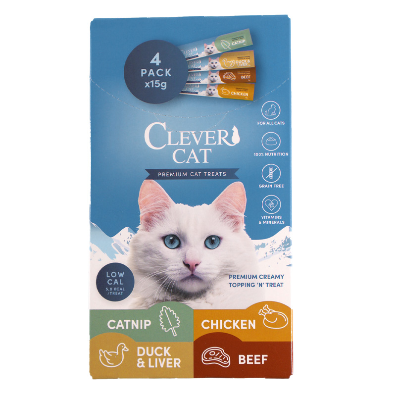 8068_Clever Cat_Creamy 4-pack_front_web Creamy Catnip, Duck & liver, Chicken and Beef - Bilde 1